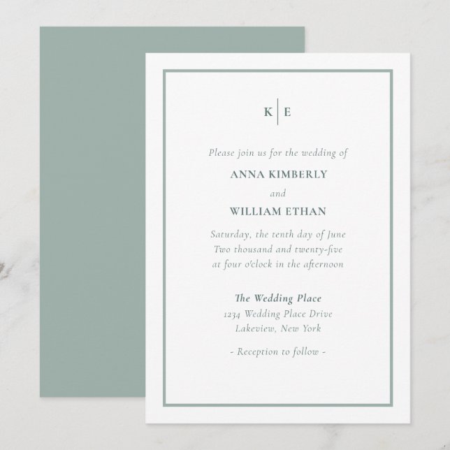 Invitaciones a bodas en monograma de tonos verdes  (Anverso / Reverso)