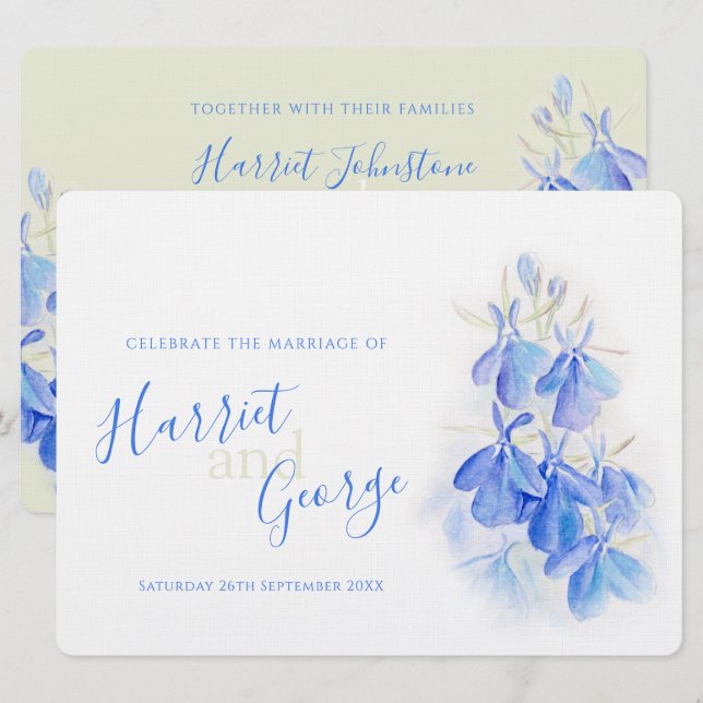 Invitaciones a bodas en verde floral azul Lobelia (Anverso / Reverso)