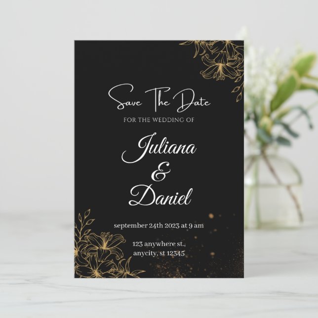 Invitaciones a bodas estéticas de negros y Naranja (Anverso de pie)