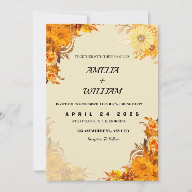 Invitaciones a bodas estéticas naranjas (Anverso)