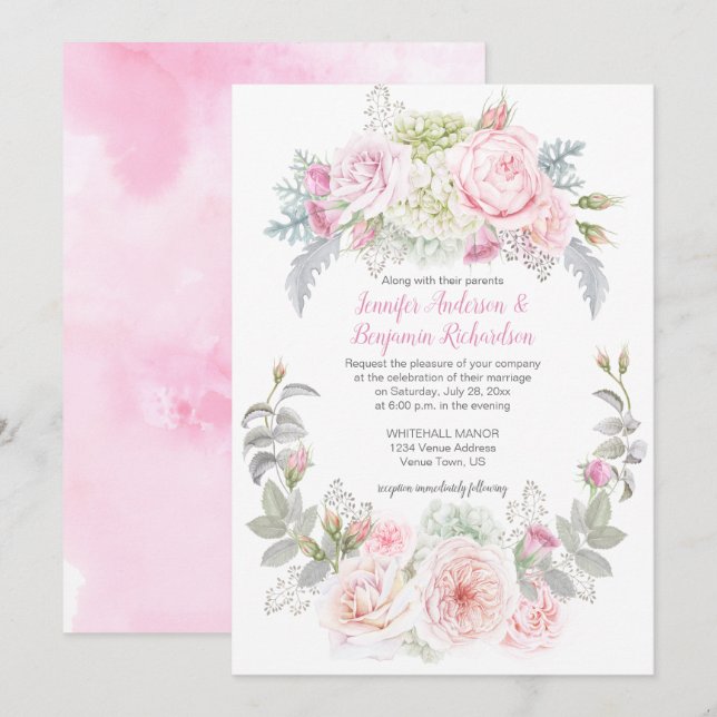 Invitaciones a bodas florales de Boho Rosas Hydran (Anverso / Reverso)
