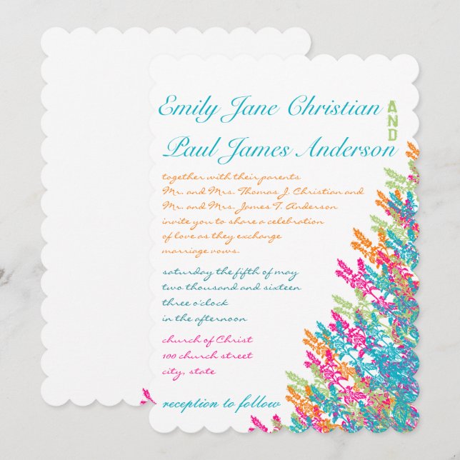 Invitaciones a Bodas Florales de Coral Rosa Aqua (Anverso / Reverso)
