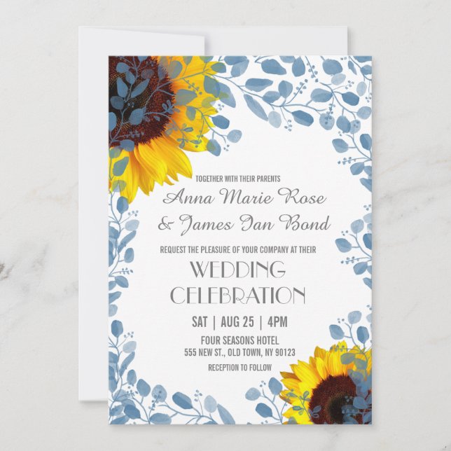 Invitaciones a bodas florales de girasol azul en f (Anverso)