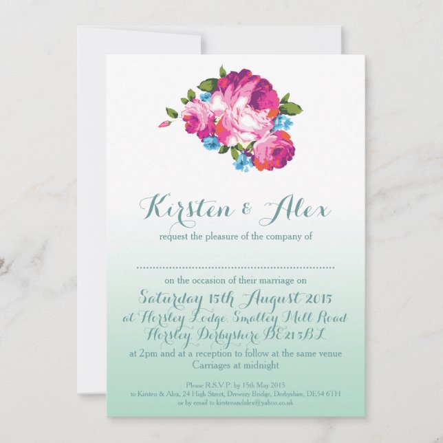 Invitaciones a bodas florales de mimbre de Ombre (Anverso)