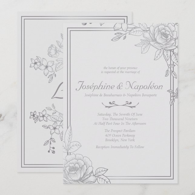 Invitaciones a bodas florales de plata y gris (Anverso / Reverso)