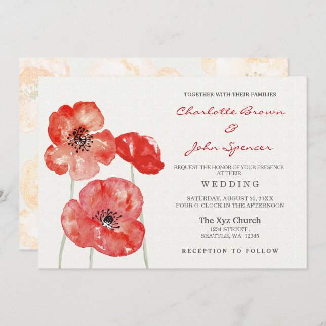 Invitaciones a bodas florales de Red Poppy (Anverso / Reverso)