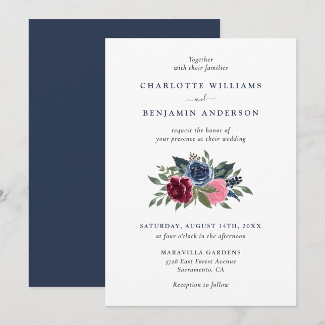 Invitaciones a bodas florales en azul y borgoña de (Anverso / Reverso)