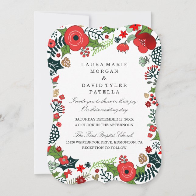 Invitaciones a bodas florales rojas y verdes para  (Anverso)