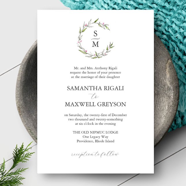 Invitaciones a bodas formales Iniciales botánicas (Formal wedding invitation features initials encircled by botanical art by Victoria Grigaliunas)