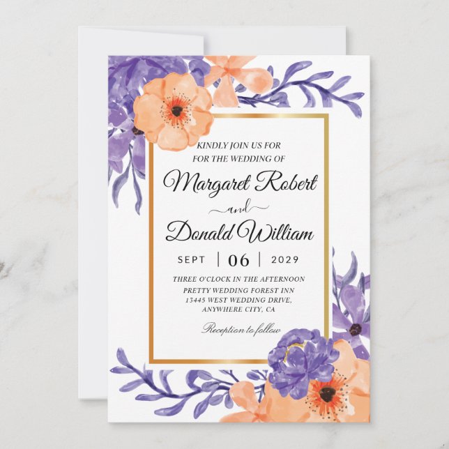 invitaciones a bodas geométricas de naranja floral (Anverso)
