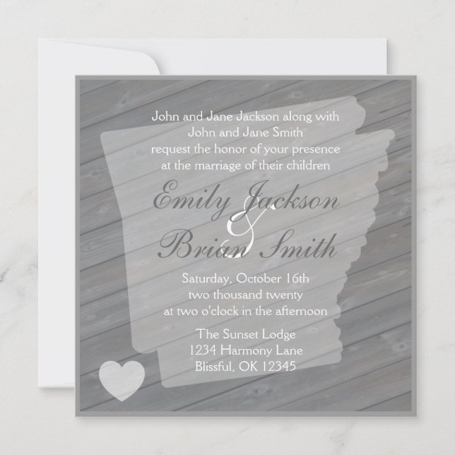 Invitaciones a bodas grises de Arkansas de madera  (Anverso)
