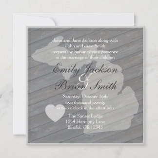 Invitaciones a bodas grises de madera rústica en M