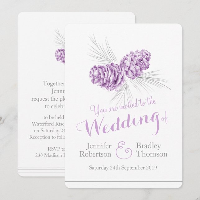 Invitaciones a bodas grises púrpura en conos de pi (Anverso / Reverso)