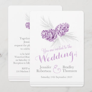 Invitaciones a bodas grises púrpura en conos de pi