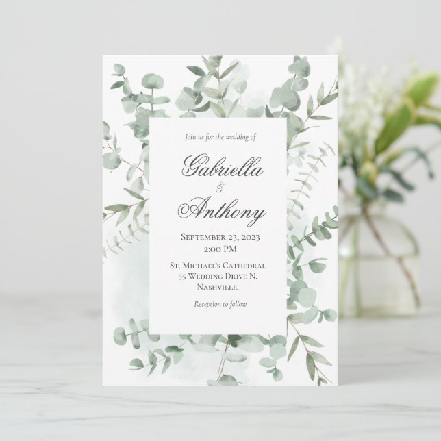 Invitaciones a bodas modernas de Eucalyptus Greene (Anverso de pie)