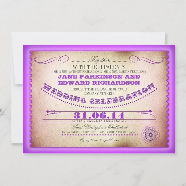 Invitaciones a bodas moradas vintage - entradas (Anverso)