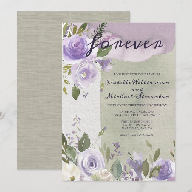 Invitaciones a bodas moradas y blancas con flores (Anverso / Reverso)