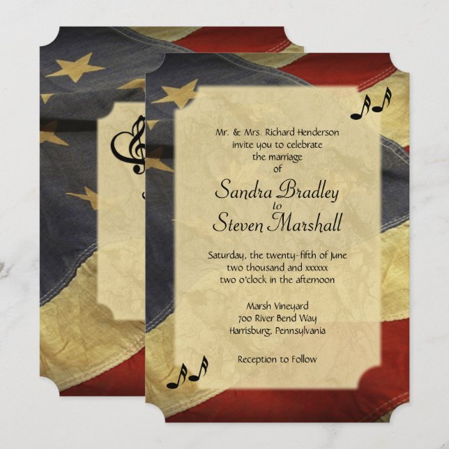 Invitaciones a bodas musicales de la bandera estad (Anverso / Reverso)