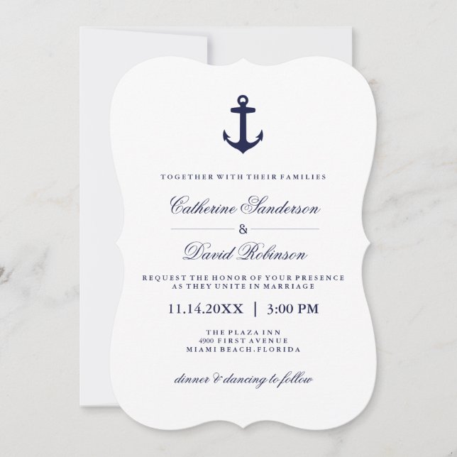 Invitaciones a bodas náuticas con franjas de la ma (Anverso)