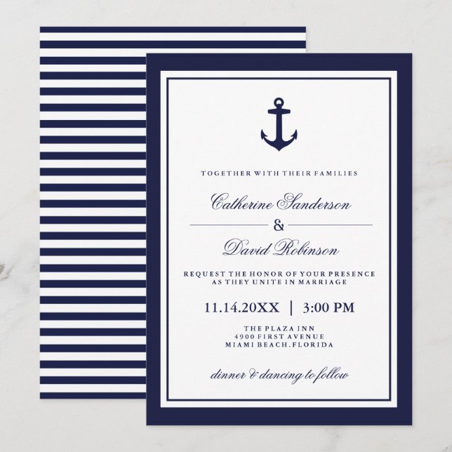 Invitaciones a bodas náuticas con franjas de la ma (Anverso / Reverso)