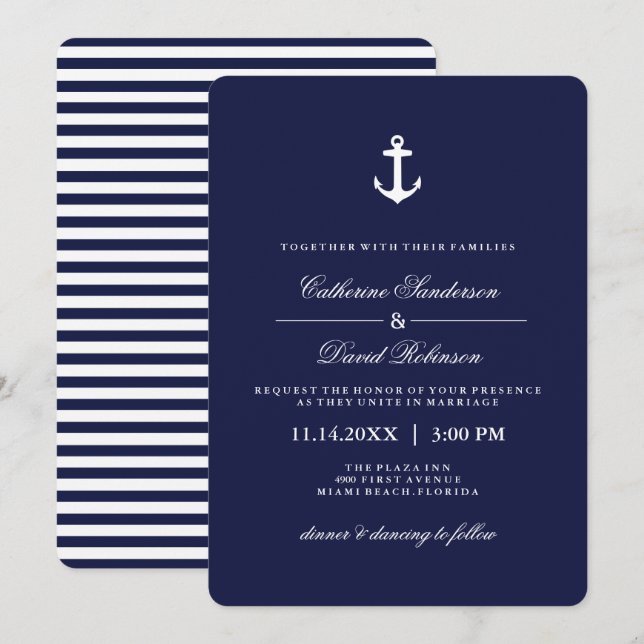 Invitaciones a bodas náuticas con franjas de la ma (Anverso / Reverso)