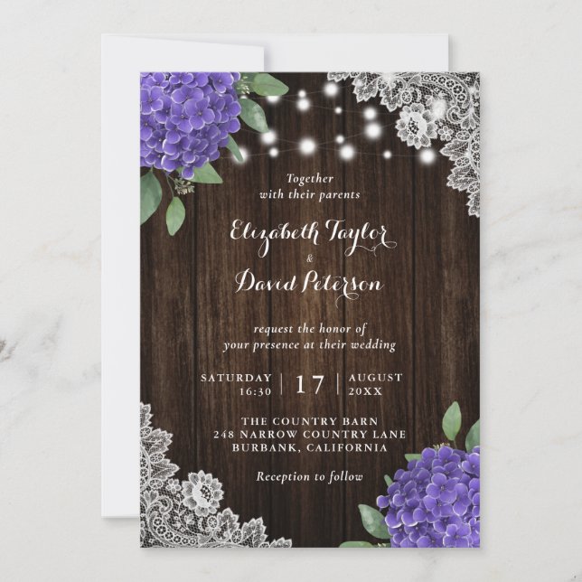 Invitaciones a bodas rusticas de morado hidránico (Anverso)