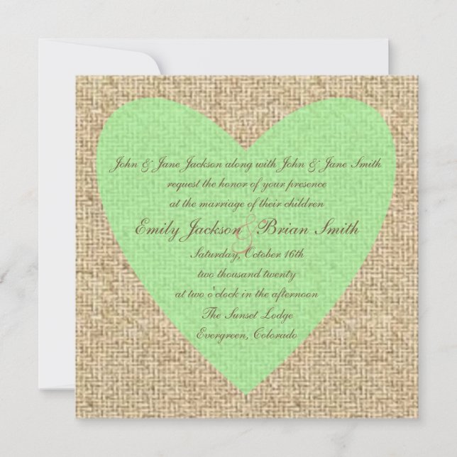 Invitaciones a bodas rústicas en el corazón verde  (Anverso)
