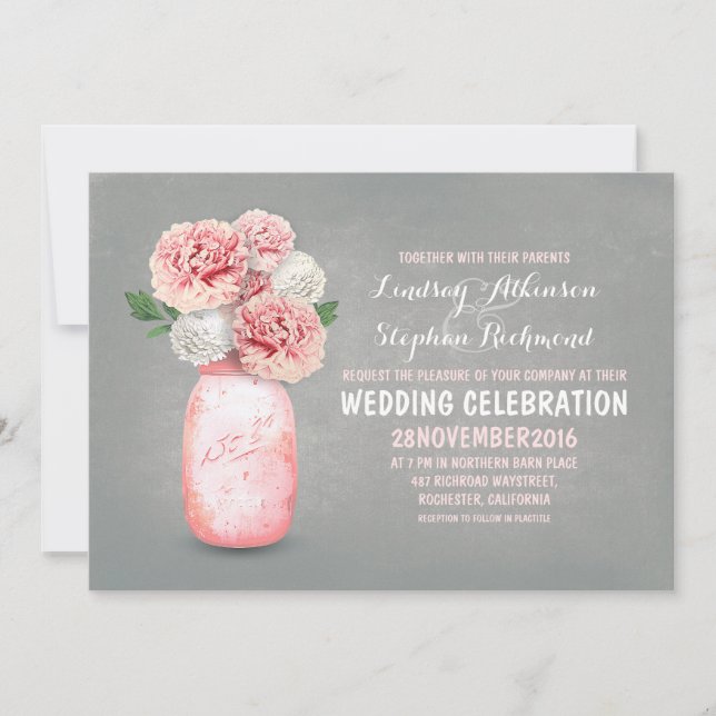 Invitaciones a bodas rústicas en frasco de albañil (Anverso)