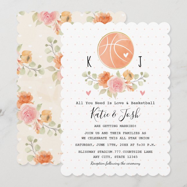 Invitaciones a bodas temáticas de amor y baloncest (Anverso / Reverso)