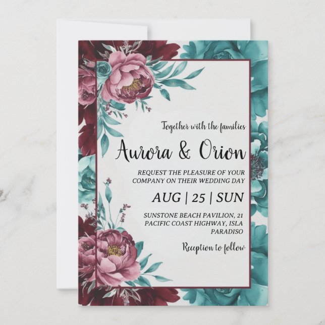 Invitaciones a bodas verde azuladas y burdeos (Anverso)