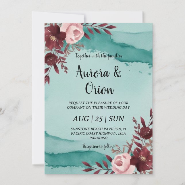 Invitaciones a bodas verde azuladas y burdeos (Anverso)