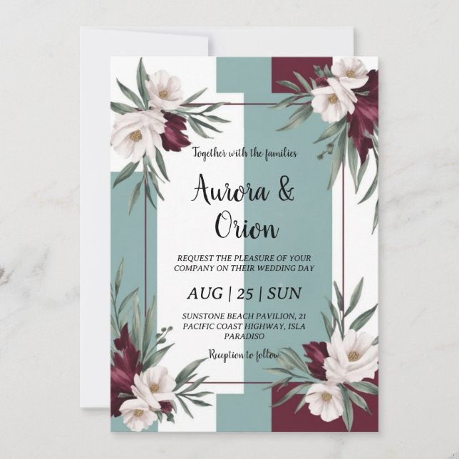Invitaciones a bodas verde azuladas y burdeos (Anverso)