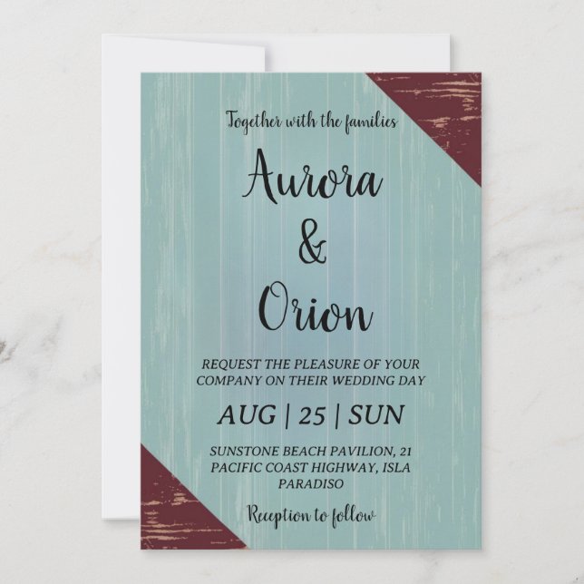 Invitaciones a bodas verde azuladas y burdeos (Anverso)