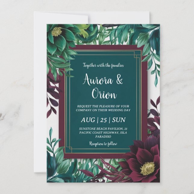 Invitaciones a bodas verde azuladas y burdeos (Anverso)