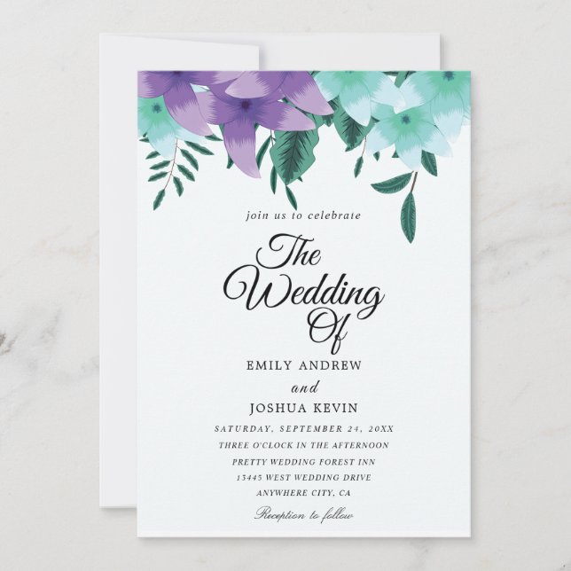 Invitaciones a bodas verde azuladas y violetas (Anverso)