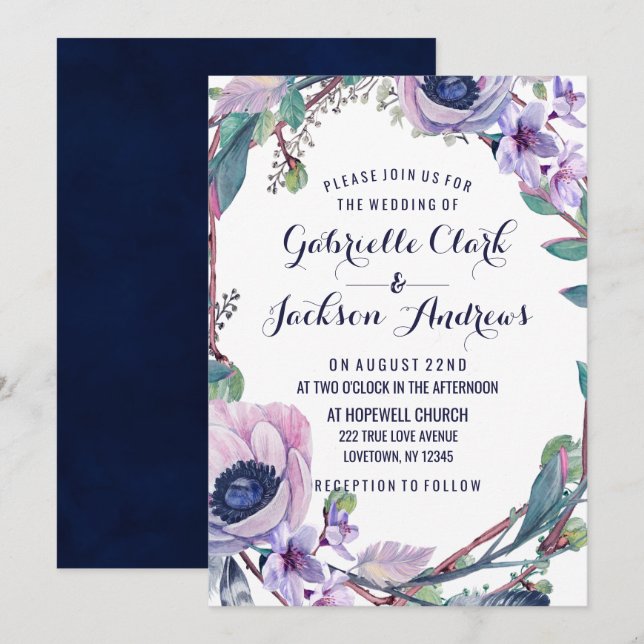 Invitaciones a Boho Feather & Floral Wreath Weddin (Anverso / Reverso)