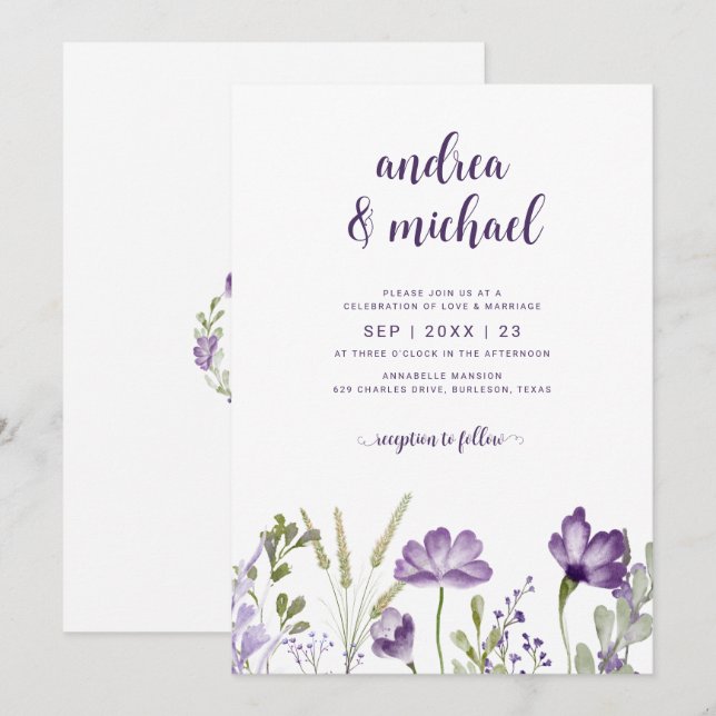 Invitaciones a Boho Purple Wildflowers para la Bod (Anverso / Reverso)