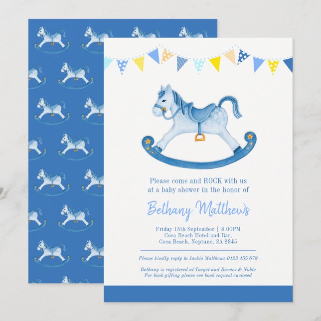 Invitaciones a caballo de mecedora azul para la du (Anverso / Reverso)