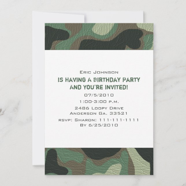Invitaciones a Camuflage Party (Anverso)
