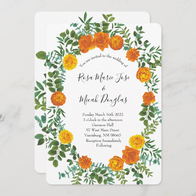 Invitaciones a casamiento con flores por naranja P (Anverso / Reverso)