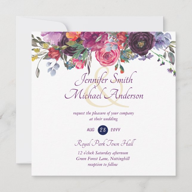 Invitaciones a casamiento con flores rosadas de Na (Anverso)