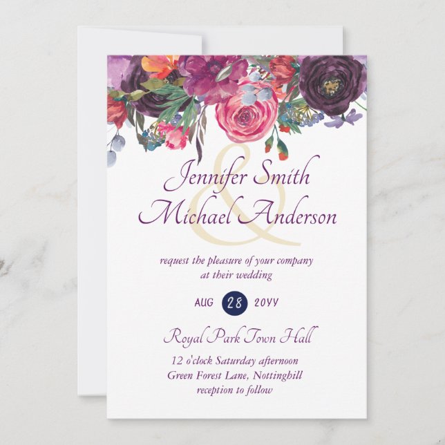 Invitaciones a casamiento con flores rosadas de Na (Anverso)