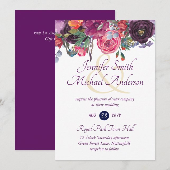 Invitaciones a casamiento con flores rosadas de Na (Anverso / Reverso)