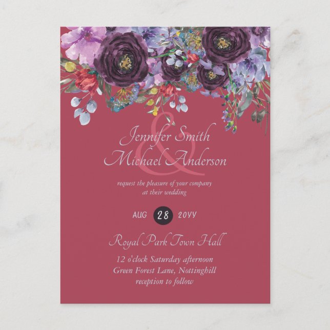 Invitaciones a casamiento con flores rosadas de Na (Anverso)