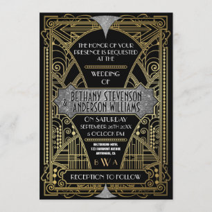 Invitaciones a casamiento de Art Deco de Plata Neg