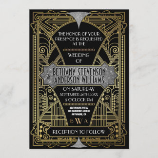 Invitaciones a casamiento de Art Deco de Plata Neg
