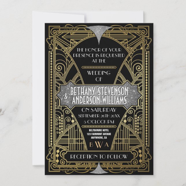 Invitaciones a casamiento de Art Deco de Plata Neg (Anverso)