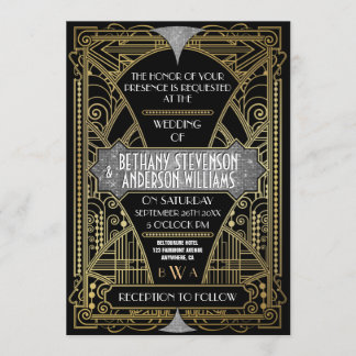 Invitaciones a casamiento de Art Deco de Plata Neg