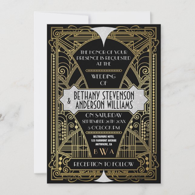 Invitaciones a casamiento de Art Deco de Plata Neg (Anverso)