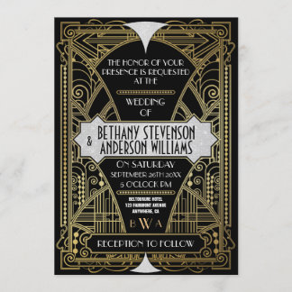 Invitaciones a casamiento de Art Deco de Plata Neg
